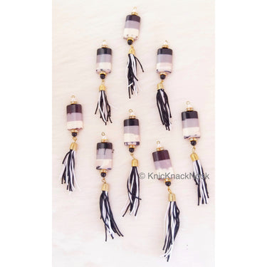 Black, Grey And White Painted Beaded Tassels Latkan, Indian Latkans